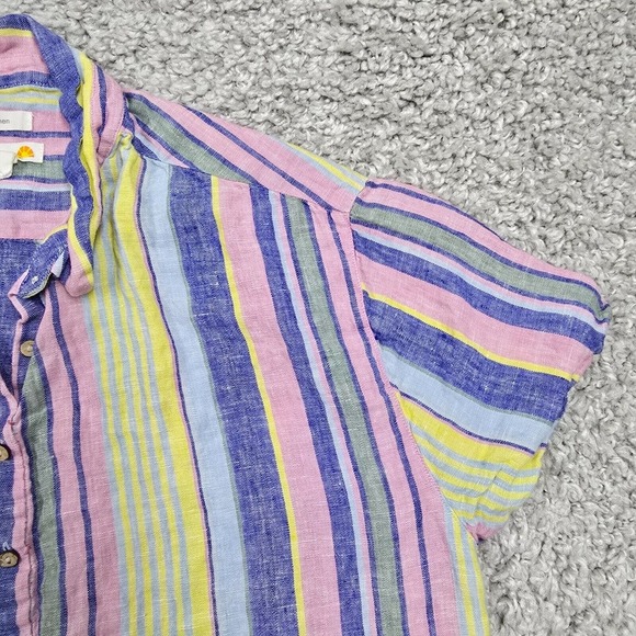 C&C California Top Womens Large Colorful Striped Button Short Sleeve Linen Beach - Picture 3 of 10